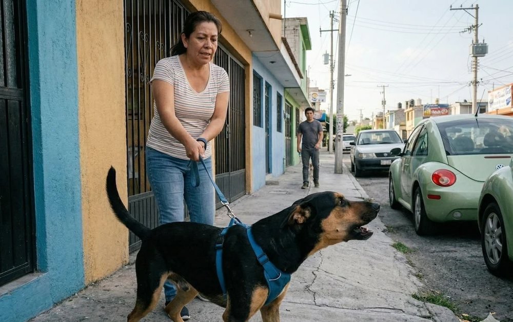 Perro jalando la correa durante el paseo
