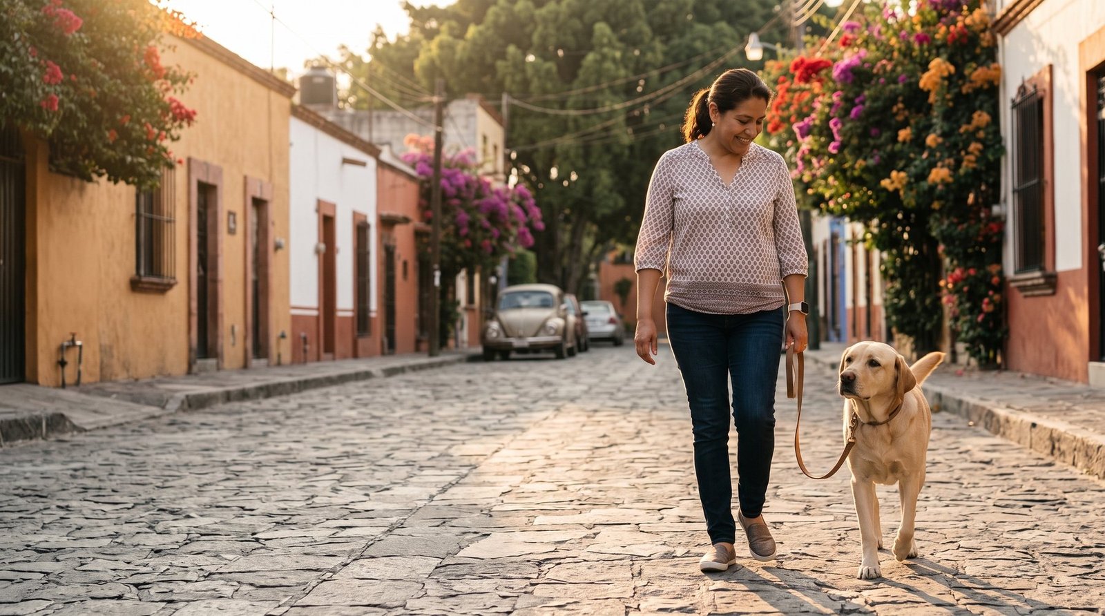 Perro caminando con la correa floja junto a su dueña en Cuernavaca